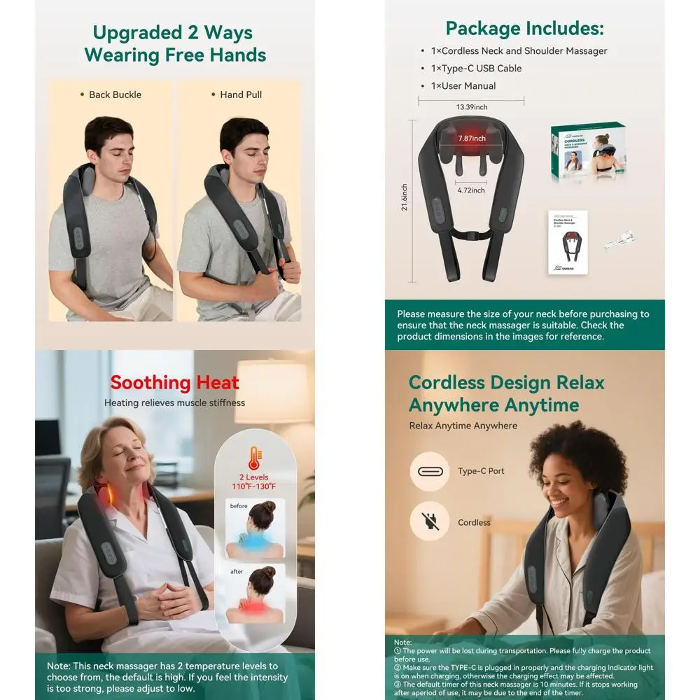 

Wireless Deep Tissue Neck Massager with Heat for Pain Relief, Ideal for Back and Shoulder Aches, Perfect Gift for Parents