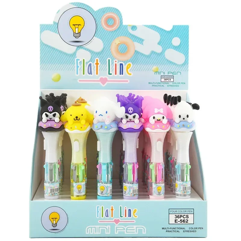New Sanrio Ballpoint Pen 18/36pcs Creative Light 4-color Pen Kawaii School Stationery Kuromi Multicolor Press Pens Wholesale