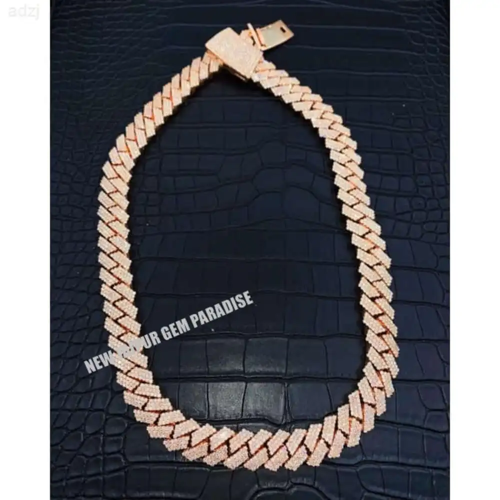 20mm Moissanite Cuban Link Chain | Vvs1 Quality Moissanite Diamond | 925 Sterling Silver | Rose Gold Plated | Men Necklace