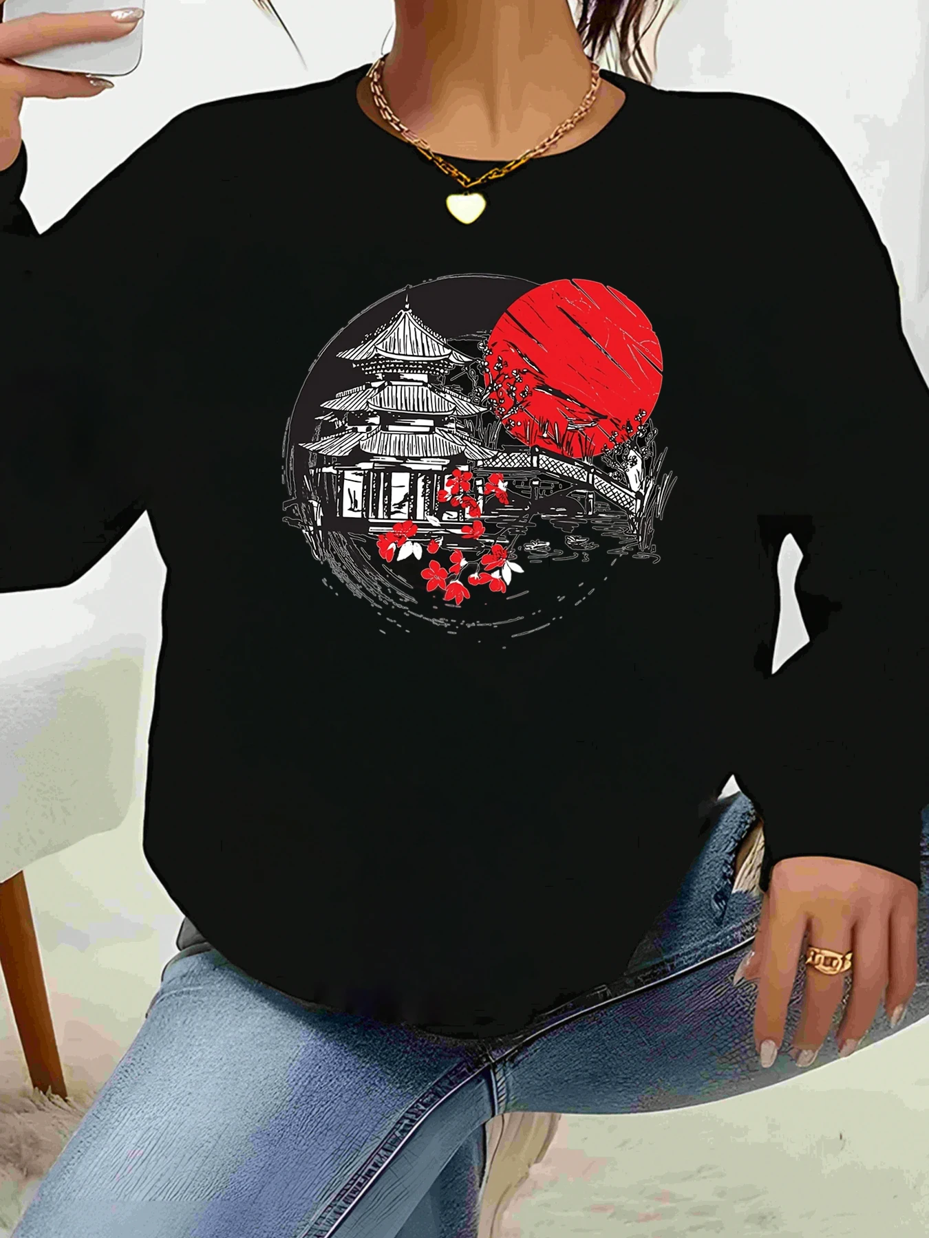 

Японский храм, футболка с длинными рукавами и принтом красного солнца, повседневный женский топ на Хэллоуин