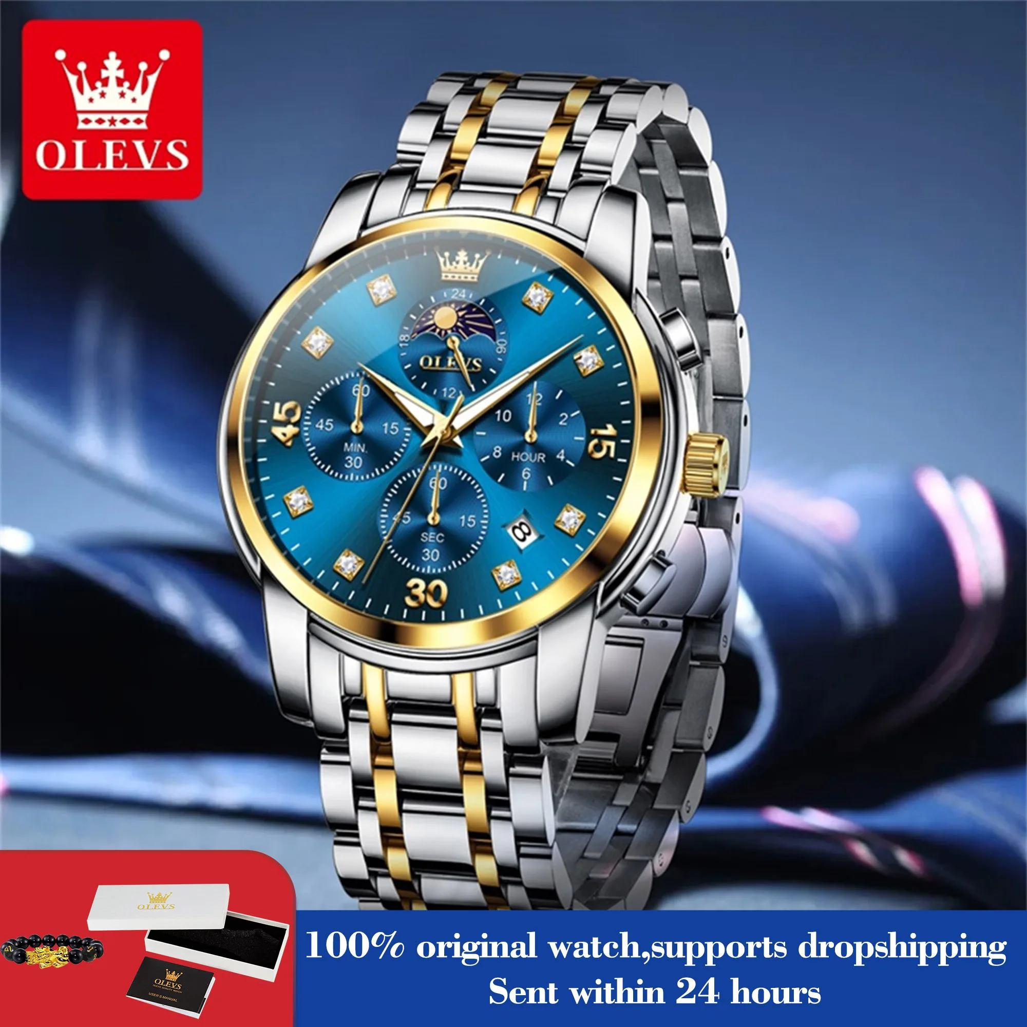 

OLEVS 3652 Мужские часы с номером, кварцевые часы для мужчин, хронограф, фаза Луны, дата, роскошные водонепроницаемые светящиеся мужские ручные часы