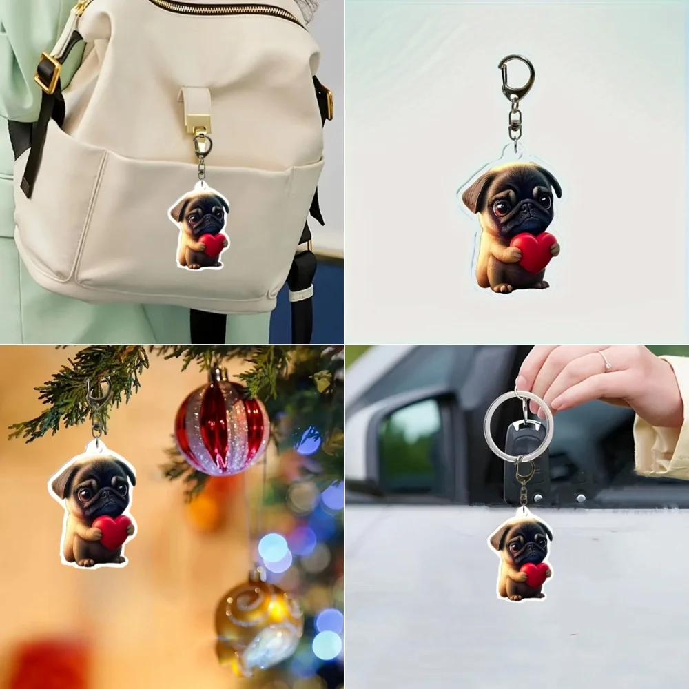 Adorable Pug Hugging Heart Keychain Cute Puppy Acrylic Pendant Versatile Charm for Car Mirror,Backpack,Home,Festive,Gift & Decor