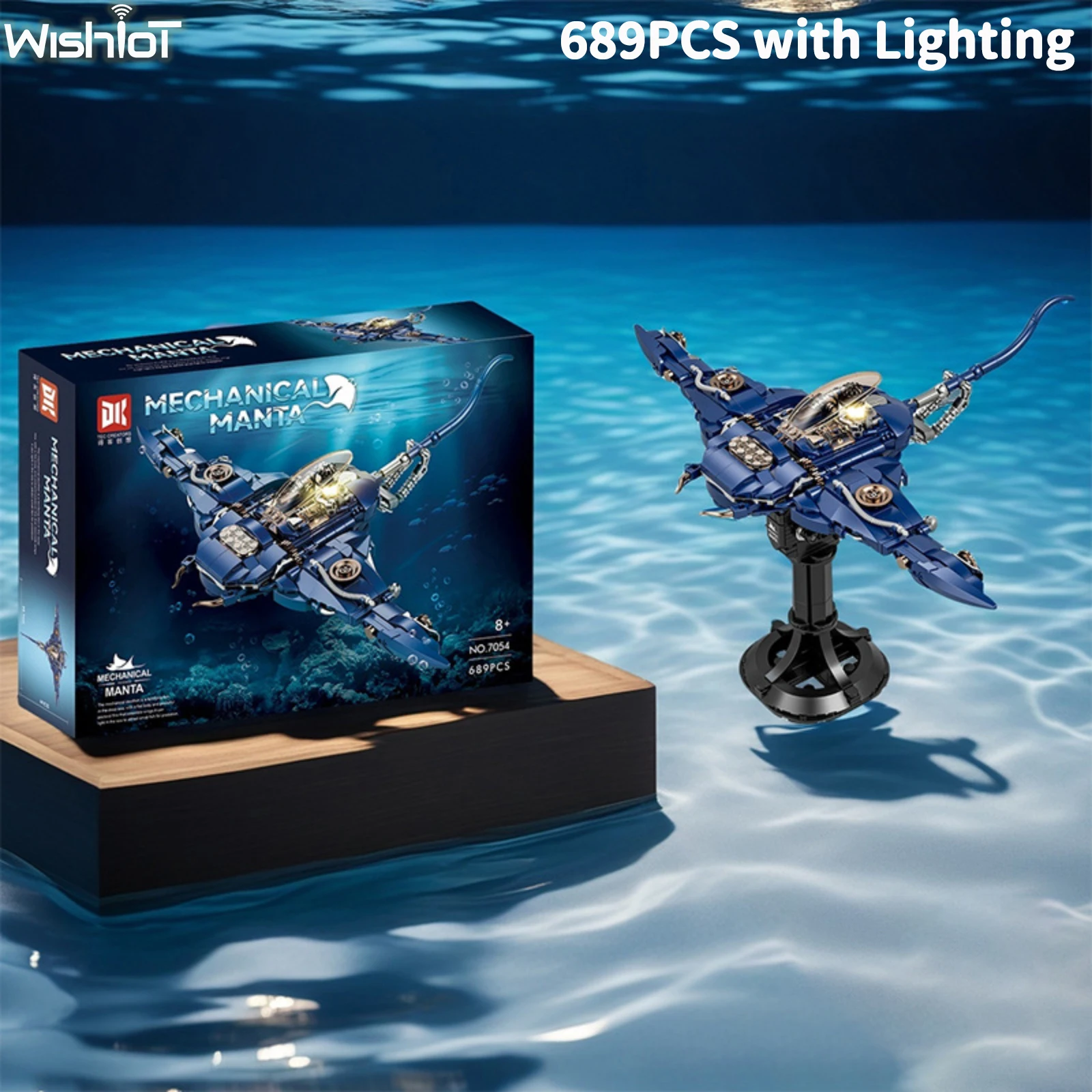 Mechanical Manta Devil Fish Building Block Model with Lighting MOC Ocean Animal Series Bricks Set Assembly Toy Kids Gift 689PCS