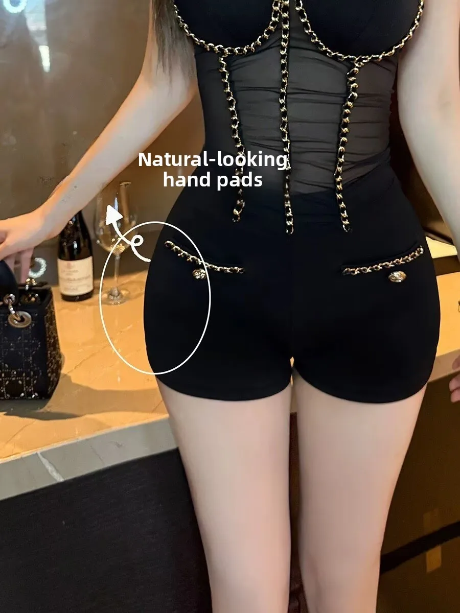 

Корейские короткие брюки для женщин с высокой талией, из хлопкового стрейч-денима, с цепочкой, повседневные, с эффектом удлинения ног и вставками для увеличения объема бедер