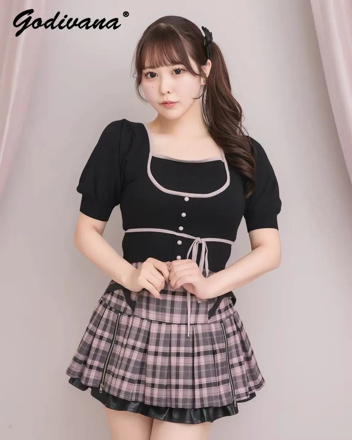 Japanese Style High Waist Plaid Pleated Skirt Preppy Style Harajuku Leather Buckle Lace Up Zipper Women Short Skirt
