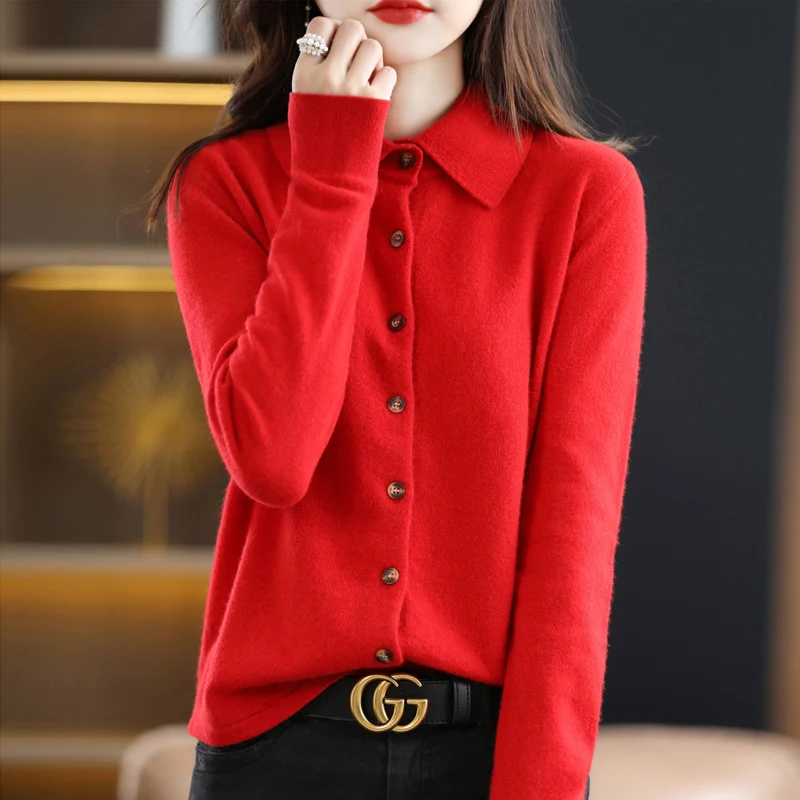 Spring And Autumn New Fine Imitation Wool Knit Cardigan Women Lapel Solid Color Sweater Fashion Temperament Thin Tops Versatile