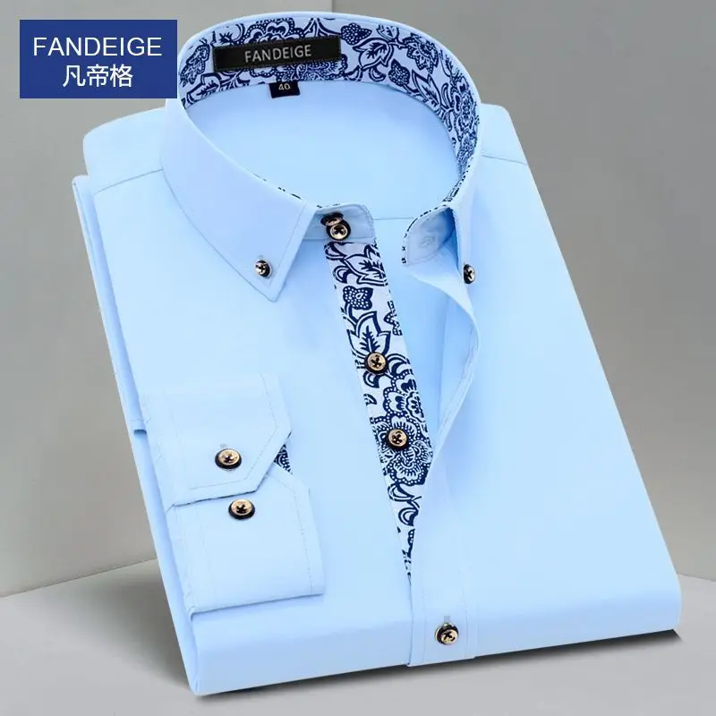 Blue and White Men\'s Dress Collar Shirt Long Sleeve Solid Color Printing Casual Business Slim Fit Cotton Shirts Anti-Wrinkle