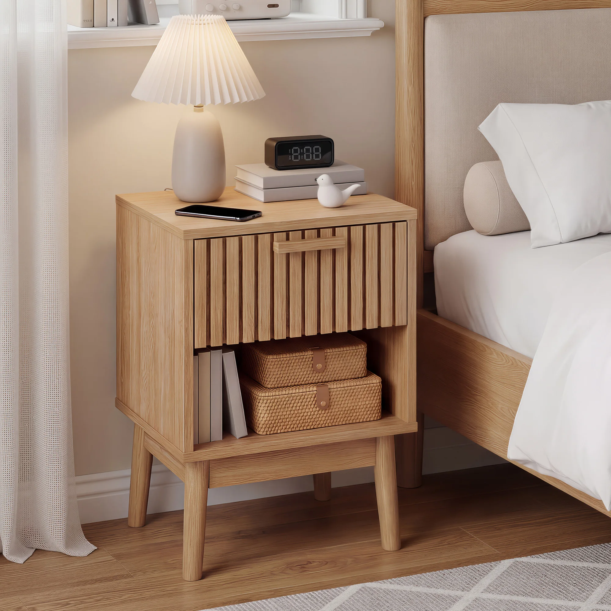 Boho Nightstand, Small Side Table with Drawer and Open Shelf, Bedside End Table with Wood Strip Decorated Drawer for Bedroom, Dorn, Living Room and Small Spaces