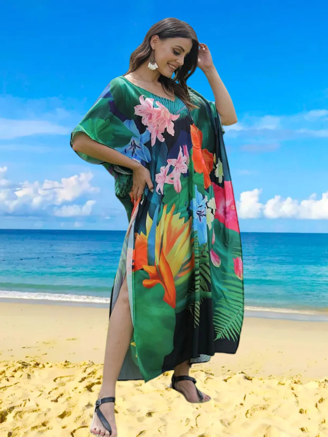 فساتين قفطان للنساء مقاس كبير بدلة استحمام تغطي فتحة رقبة على شكل حرف V فستان جناح الخفّاش فضفاض مناسب فساتين قفطان مغربي مومو