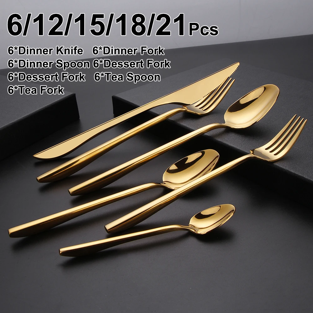 

6/12/15/18/21 Pieces Gold Cutlery Set Stainless Steel 304 Tableware Mirror Elegant Knife Fork Spoon Western Dinner Set