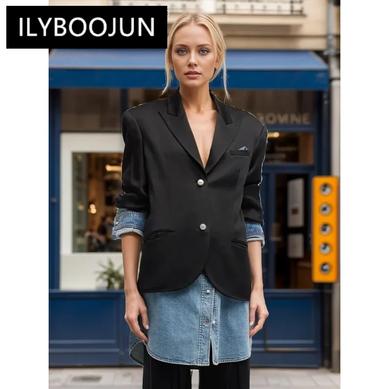 

ILYBOOJUN Hit Color Casual Spliced Denim Blazers For Women Notched Collar Long Sleeve Patchwork Button Chic Blazer Female New