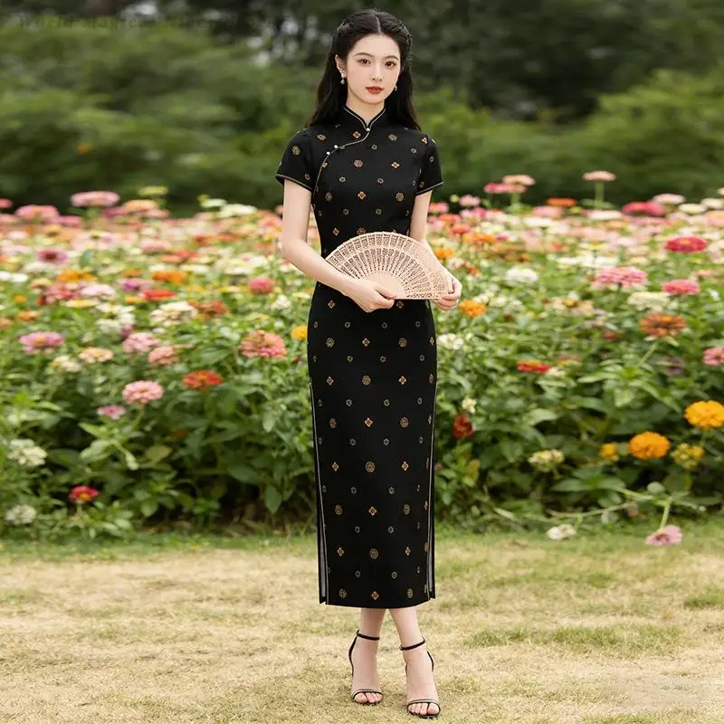Chinese Style Figure-Flattering Mature Women Cheongsam Long Elegant Slim Daily Wear Modified Qipao Dress for Moms Sexy Vestidos