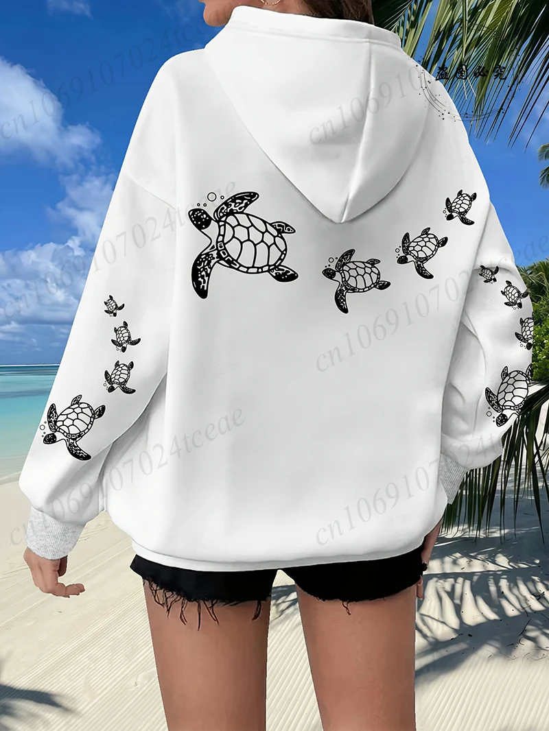 Plus Size Women's Hoodies Sea Turtle Family Design Hoodie Oversized Sportwear Funny Quote Print Casual Loose Hooded Sweatshirt