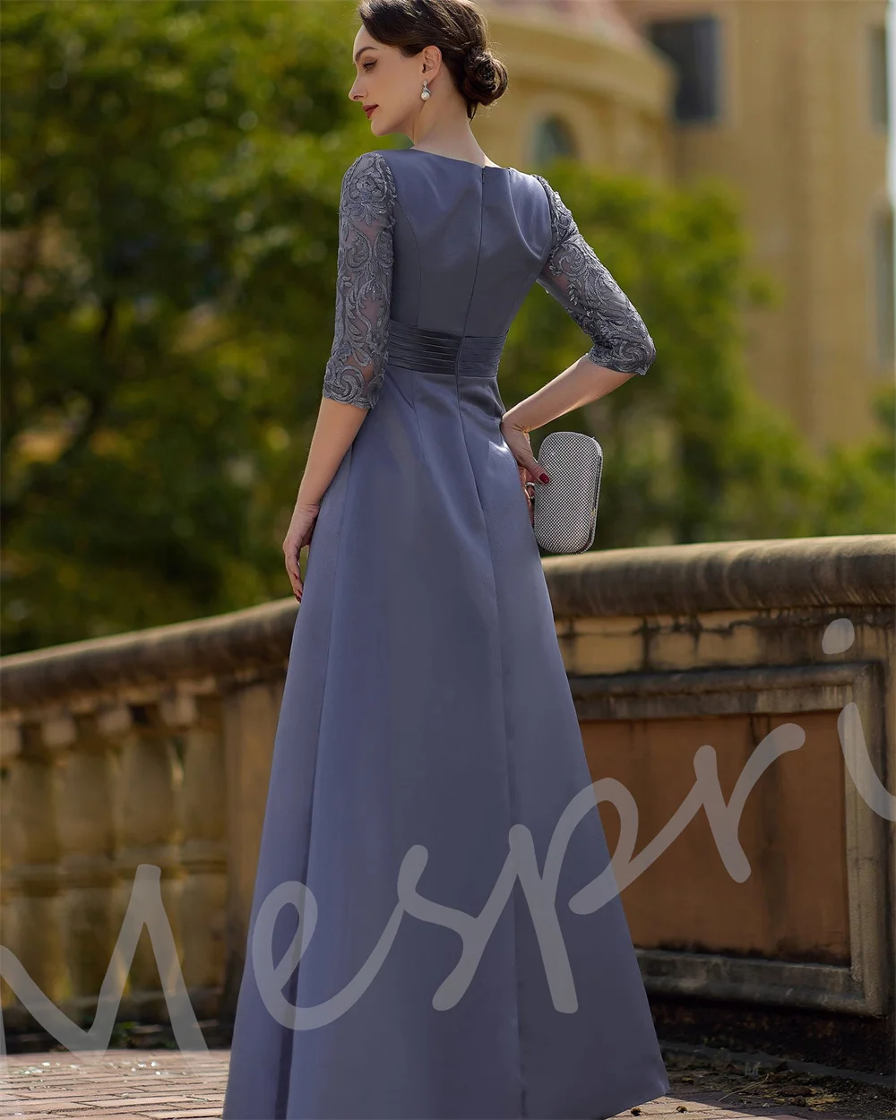 Customized Elegant Charmeuse Lace O-Neck A-line Long Dresses Bespoke Occasion Party Mother Of The Bride Gown Classic Formal image 3