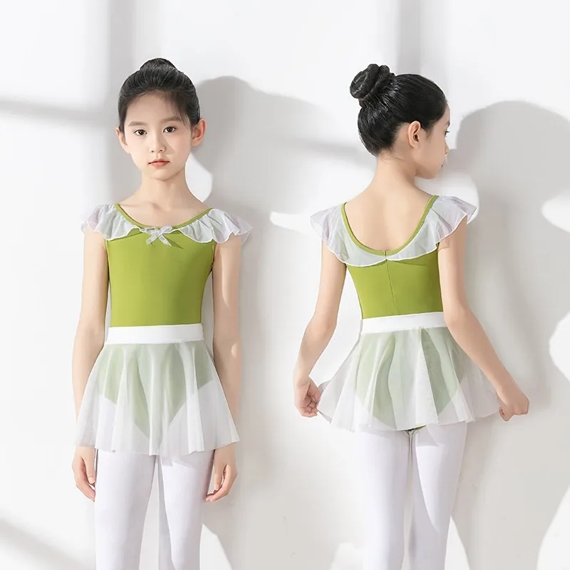 Maillot de Ballet para Niñas con Falda, Traje de Danza con Mangas con Volantes, Maillot de Gimnasia Verde para Niñas Pequeñas, Ropa de Baile para Bailarinas