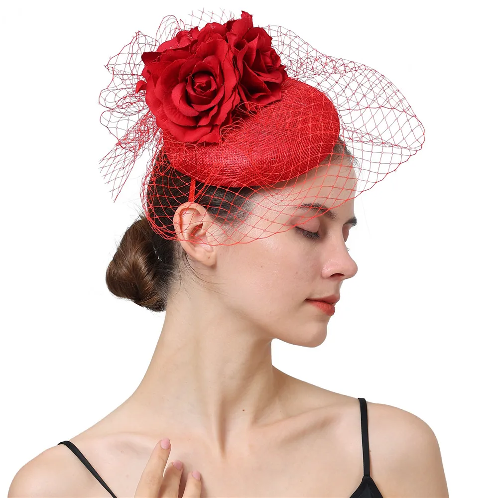 

Red Fascinators Hat For Women Amazing Headwear With Flowers Weddings Party Kenducky Royal Asscot Pillbox Cap Hair Clip Bride