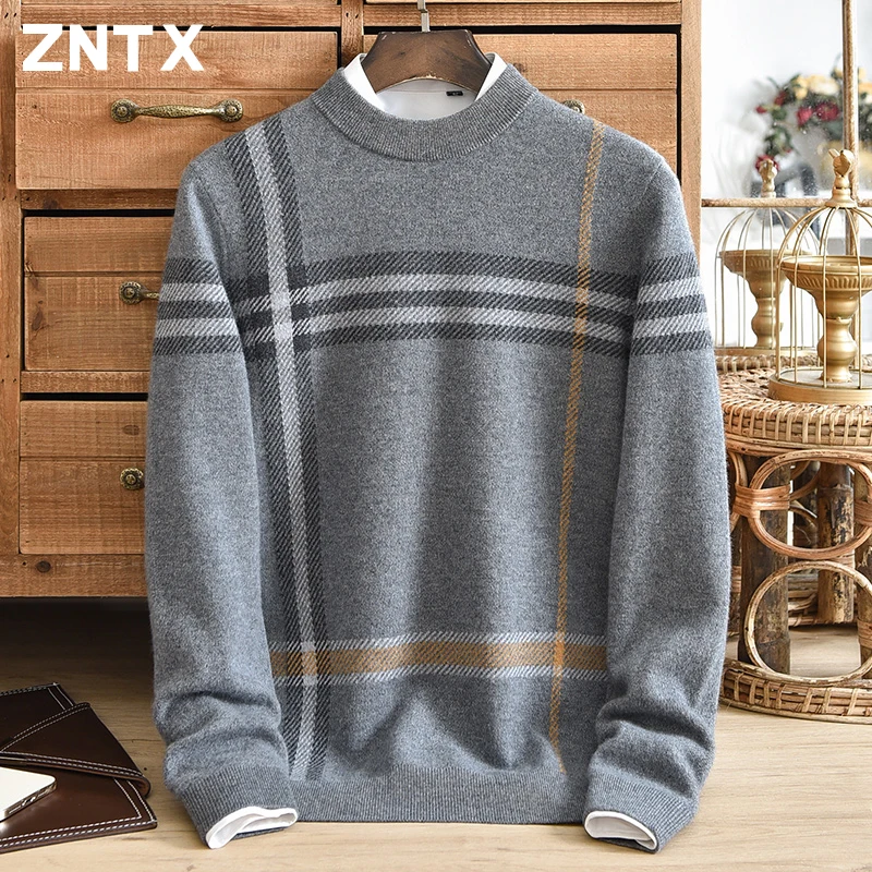 New pure cashmere sweater for middle-aged men, winter thick warm striped loose half high collar casual dad outfit, high-end