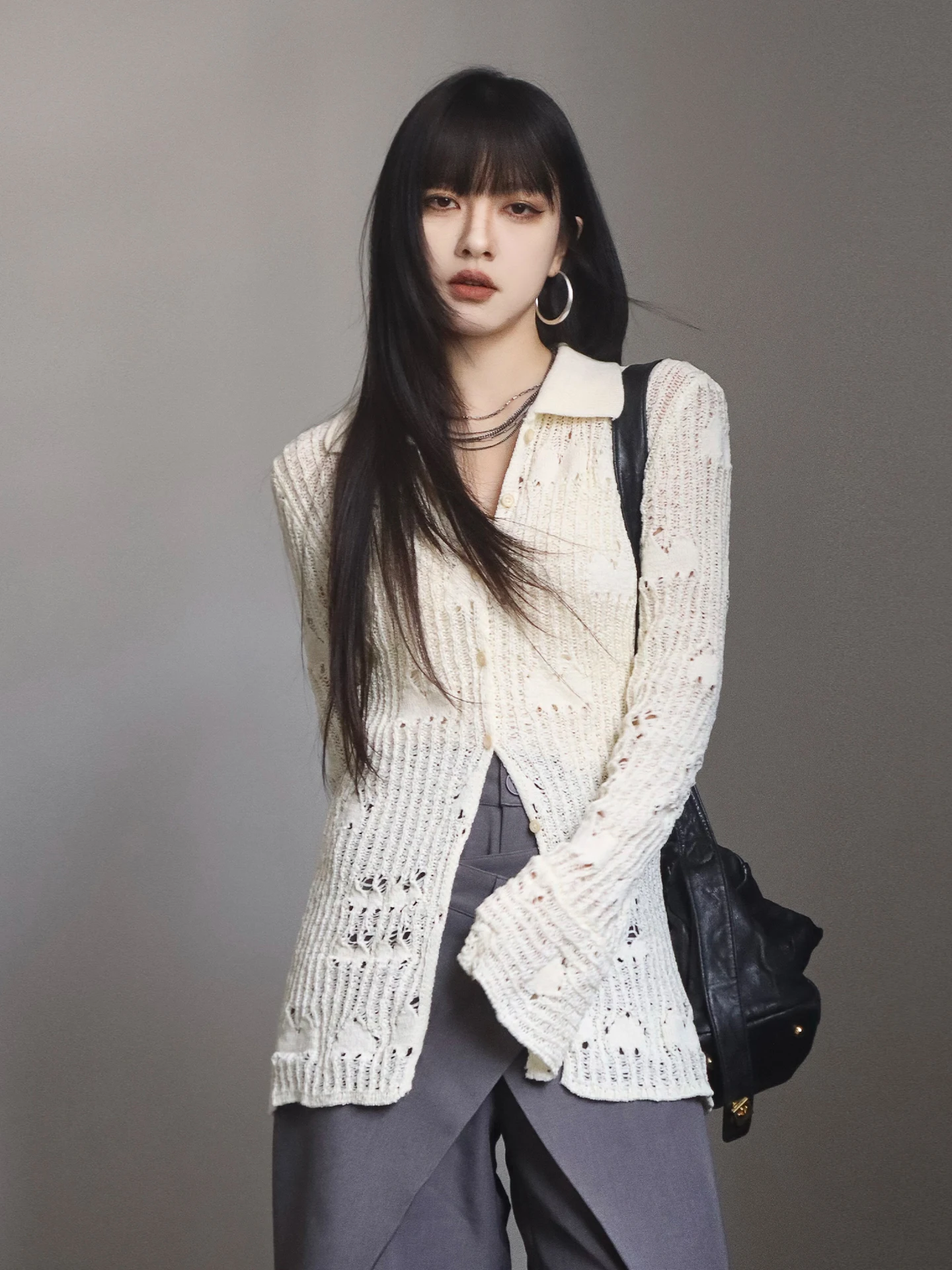 

Женский вязаный кардиган с V-образным вырезом, ажурный, с открытыми элементами, приталенный, летний, с длинными рукавами, в корейском стиле