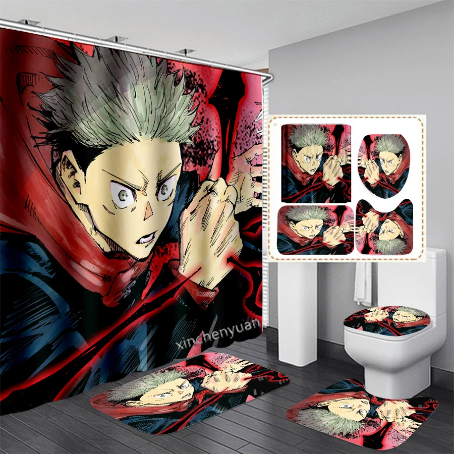 phechion Anime Jujutsu Kaisen 3D Print Waterproof Bathroom Shower Curtain Toilet Cover Mat Non-Slip Floor Mat (1/3/4Pcs) W41