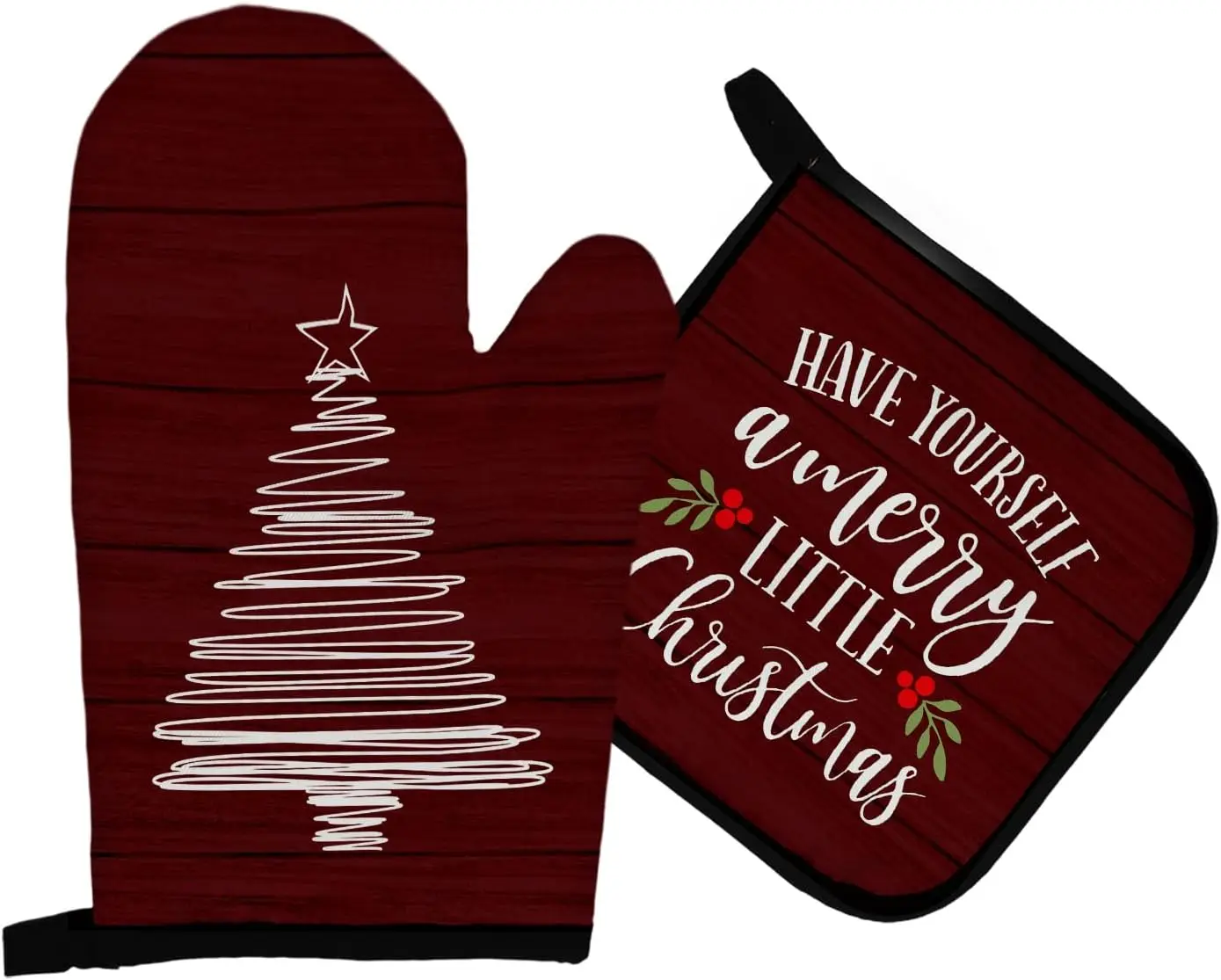 Have Yourself a Merry Little Christmas Oven Mitts and Pot Holders Sets, Red Christmas Tree Heat Resistant Potholder Kitchen