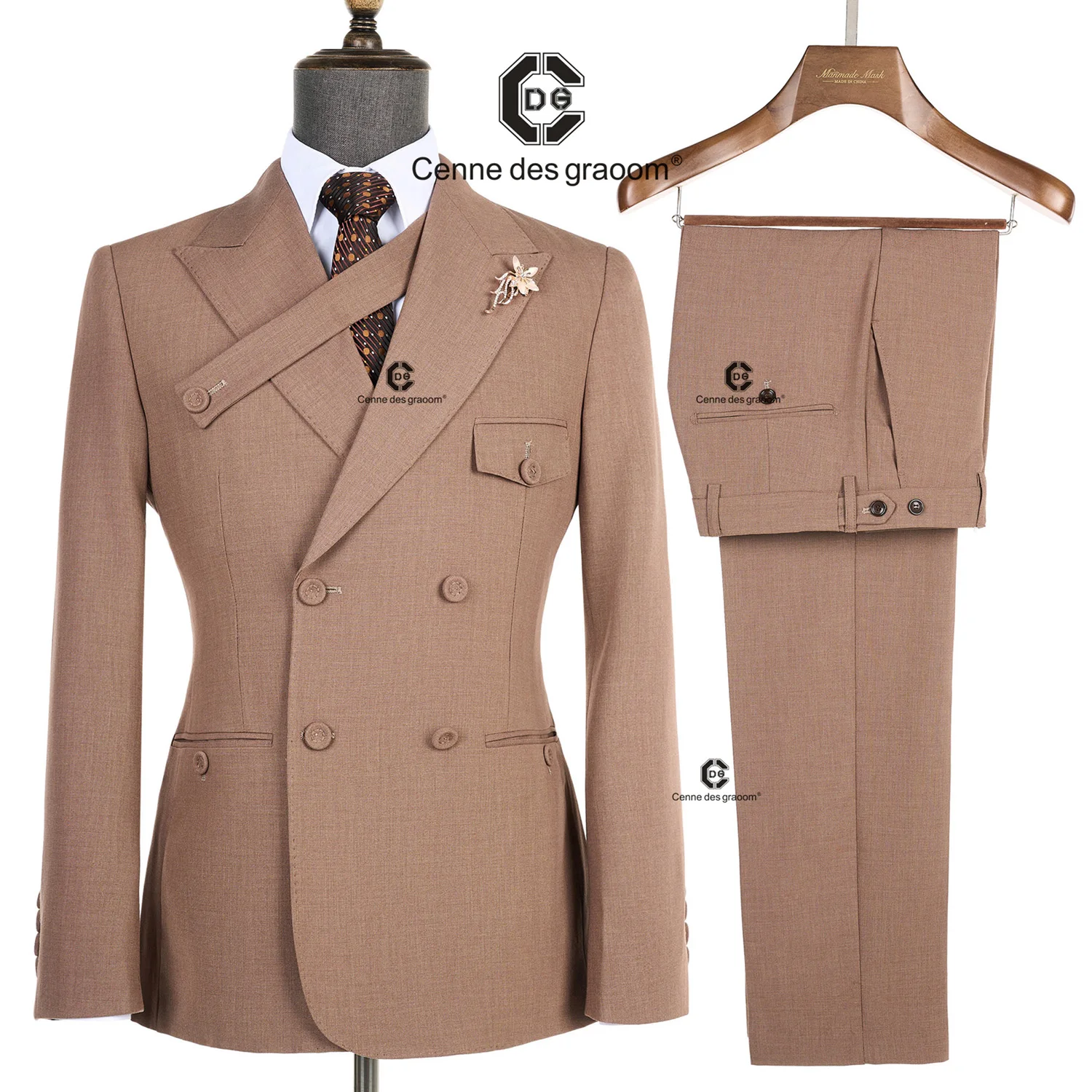 Cenne Des Graoom 2024 New Elegant Brown Double Breasted Suits for Men Hand Sewn Buttons 2 Pieces Set High Quality Wedding Party