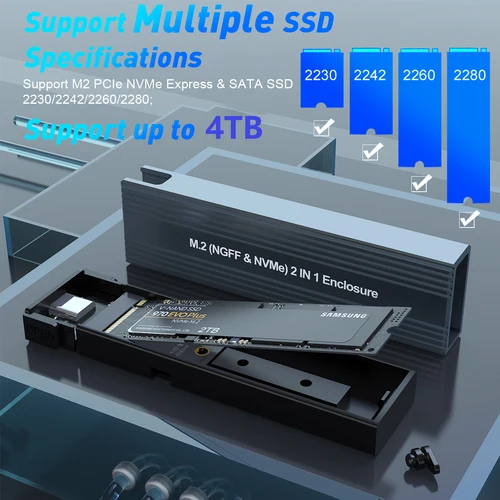 Imagen 2 del producto Caja Dual protocolo M2 NVMe NGFF SATA SSD, caja HDD SSD de 10Gbps a USB3.1, carcasa externa para 2230 2242 2280 para WD/Samsung M2