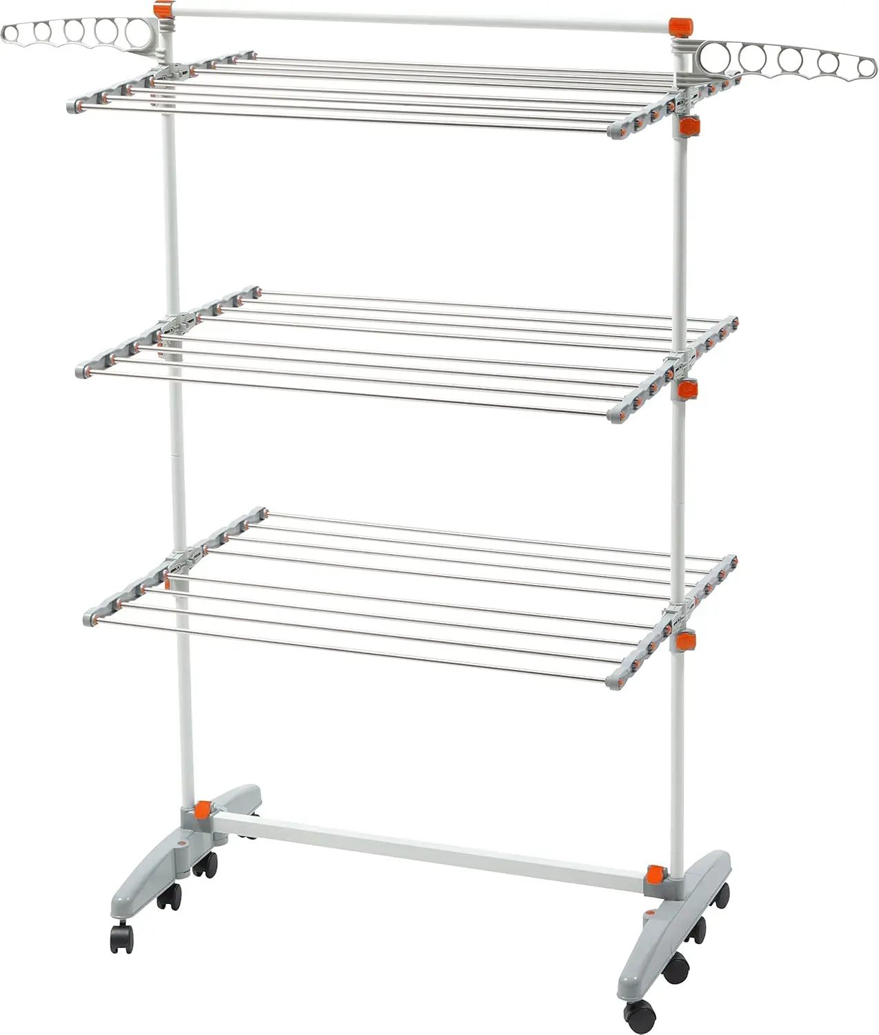 

Foldable 3-Tier Laundry Drying Rack with Stainless Steel Rods, Adjustable Shelves, Wheels for Easy Storage, Orange