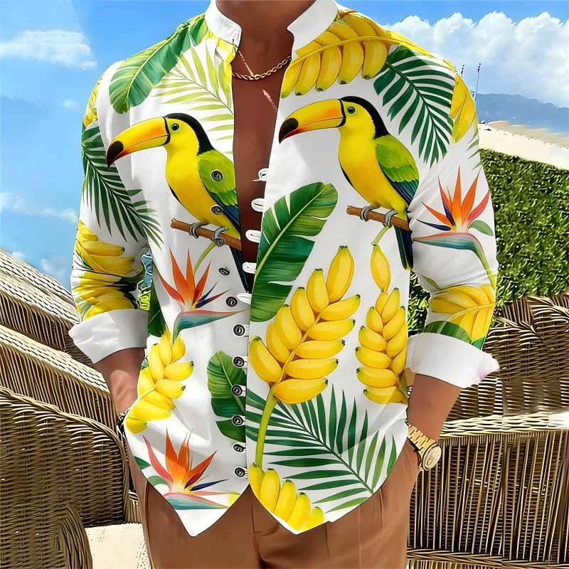 Men Fashion Button‑Up Shirt Tropical Bird Green Leaf Print Long Sleeve Stand Collar Casual Top For Summer Holiday Party Outfit