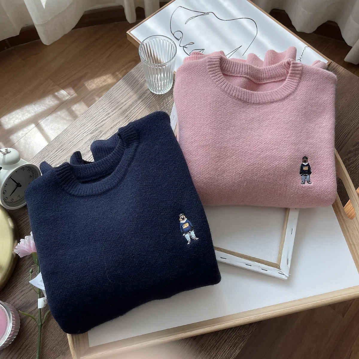 

Thiened круглый Ne мультяшный медведь с вышивкой Long Sve вязаный свитер зимний теплый свободный вязаный топ с плечами