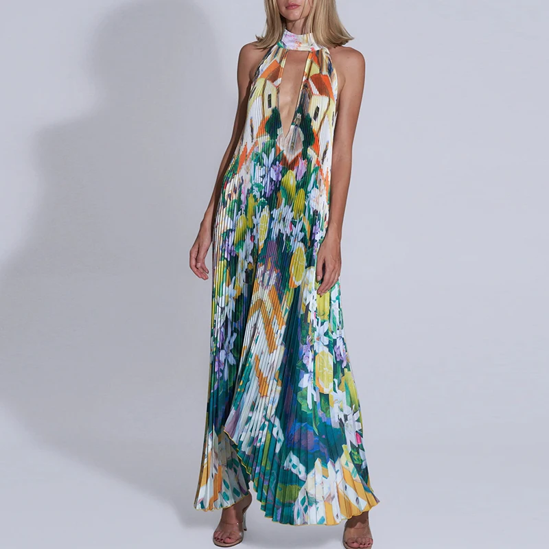 New Women Pleat Draped Irregular Long Dress Ethnic Vintage Off Shoulder Hem Dress Casual 2024 Hollow Out Halter Printed Dresses