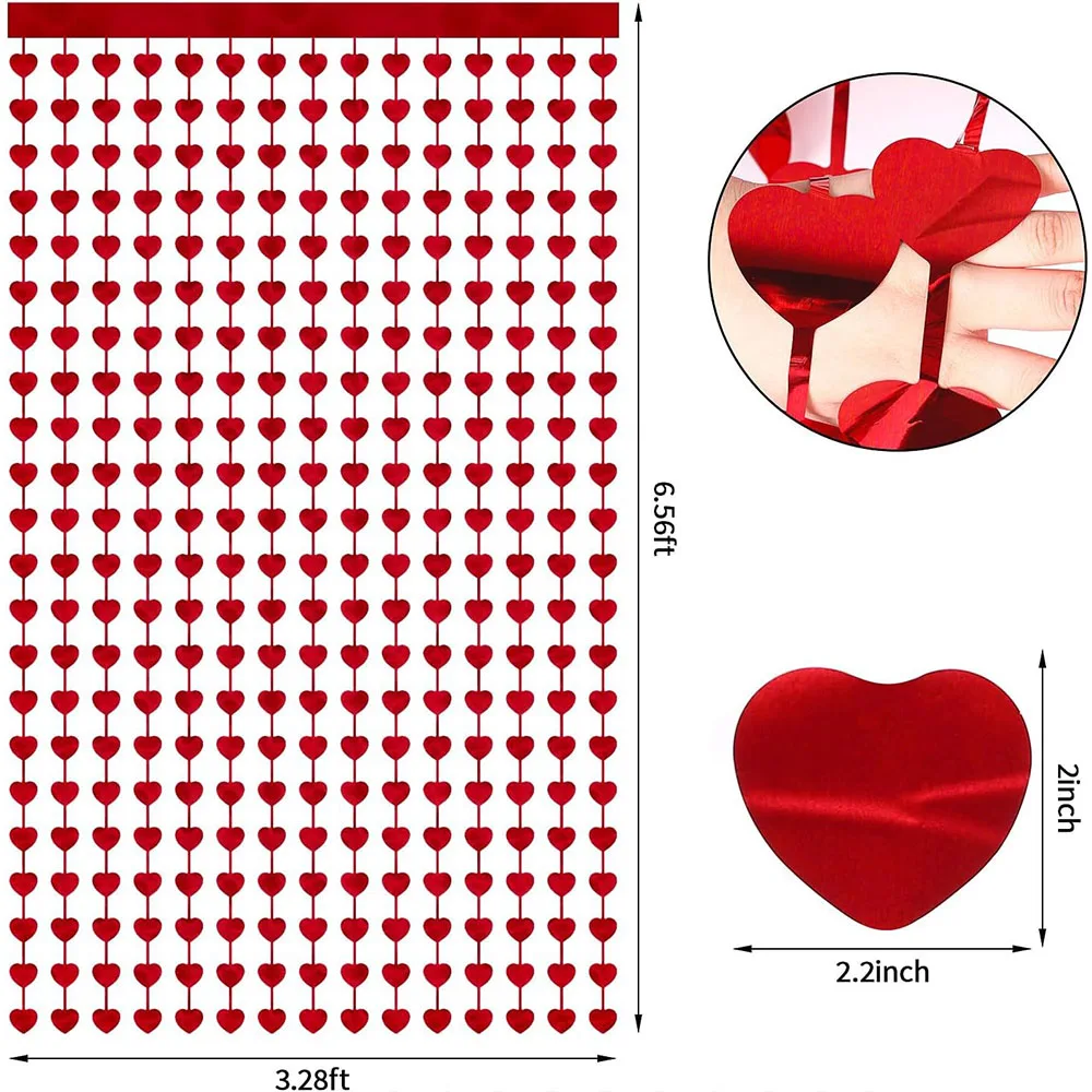 1x2M Red Heart Rain Tinsel Curtain Valentines Day Wedding Decoration Birthday Party Supplies Background Hanging Garland Decor