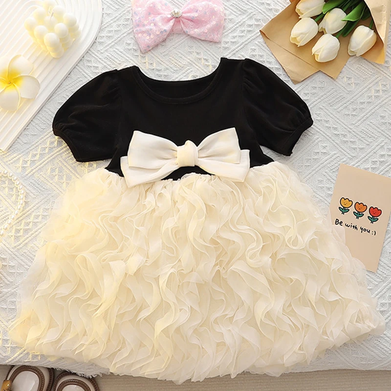 

1pcs Summer Cotton Girl Bow Dress Baby Infant Short Sleeved Skirt Kid Cute Princess Clothes Children Fashion Mesh Dress 80-110cm