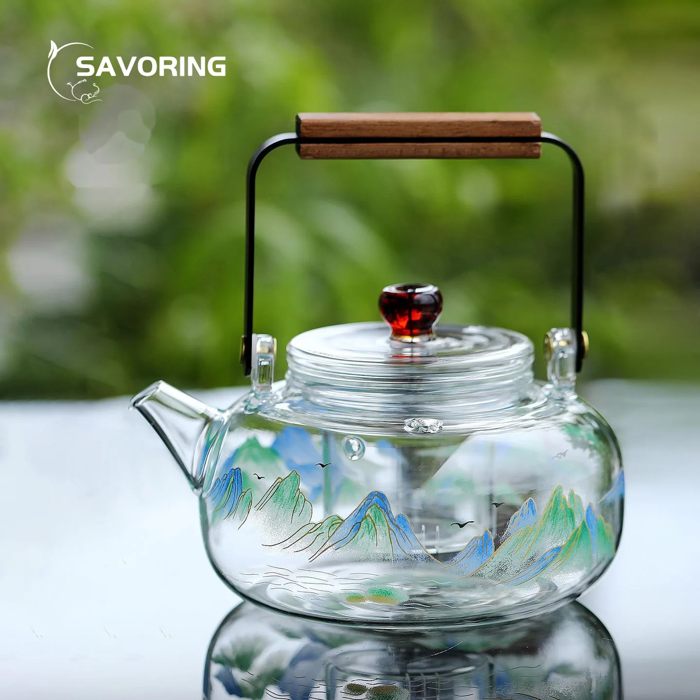 Landscape Painting Glass Teapot Heat Resistant Glass Kettle Tea Infuser Teapot With Infuser Handle Tea Brewing Kettle Pots Puer