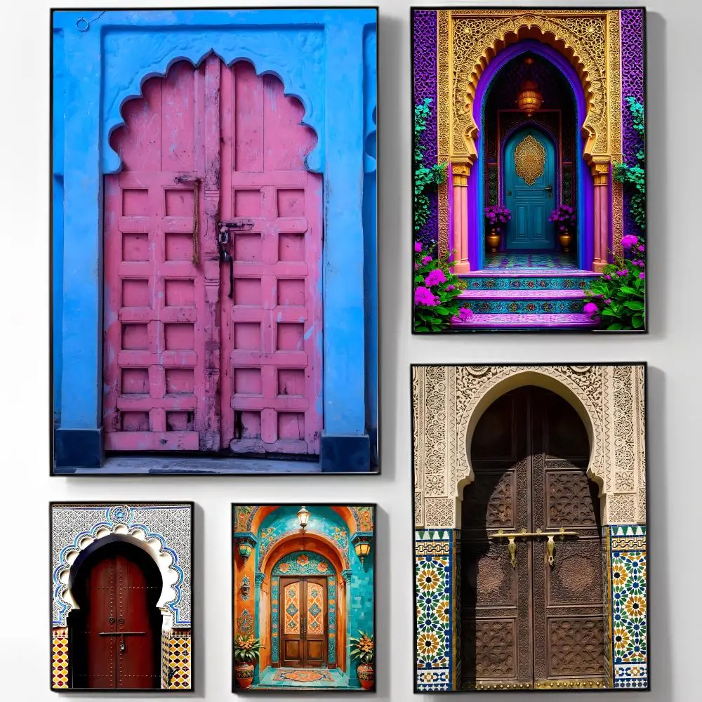 Ornate Authentic M-Morocco Door Art Poster High-definition Art Sticker Self Adhesive Waterproof Home Decoration