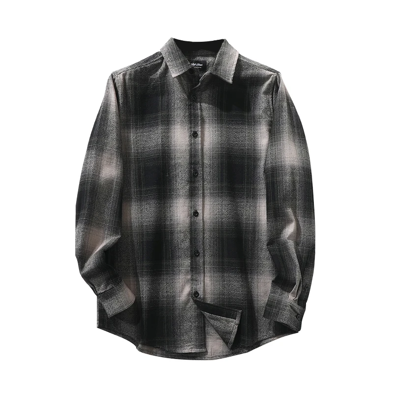 5XL Oversize Men's Casual Brushed Flannel Contrast Plaid Shirt Comfortable Long Sleeve Gingham Shirts Men Vintage Street Shirt