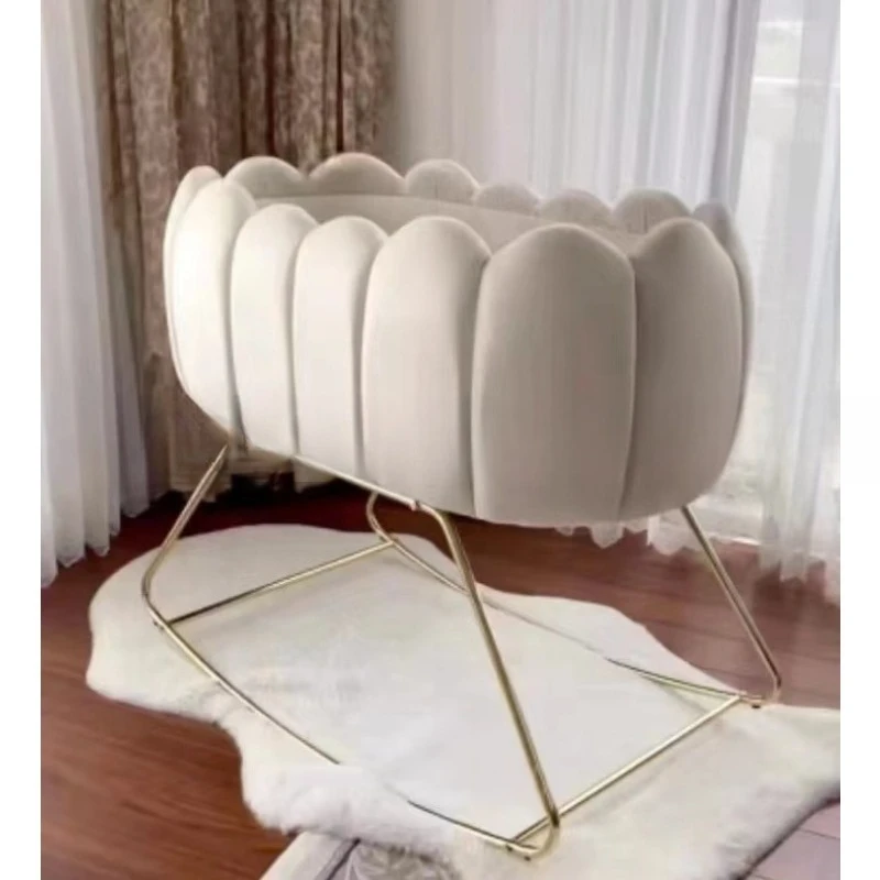Cradle for Newborns, Manual Rocking Baby Bassinet, Velvet Iron Frame Bedside Sleeper, Gentle Sway Nursery Crib for Infant