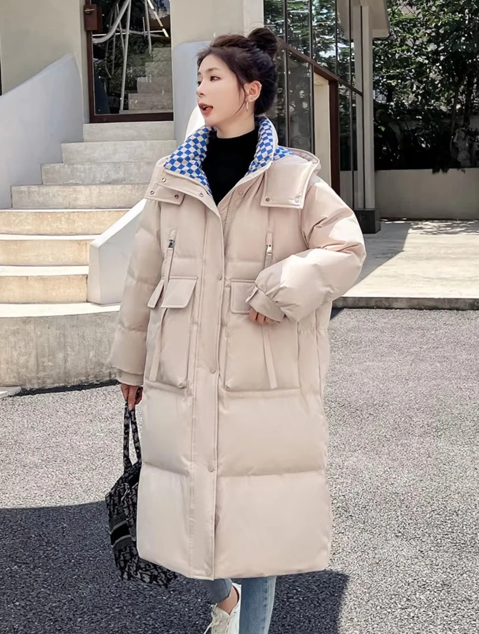 Winter New Down Padded Jacket Women's Mid-length Hooded Color Combination Casual Fashion Thick Loose Coat Women Jackets