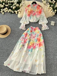 Elegant Two-piece Sets Print Lace-up Vintage Lantern Sleeves Top Chiffon High Waist Skirt Fashion Vacation High Street Clothing