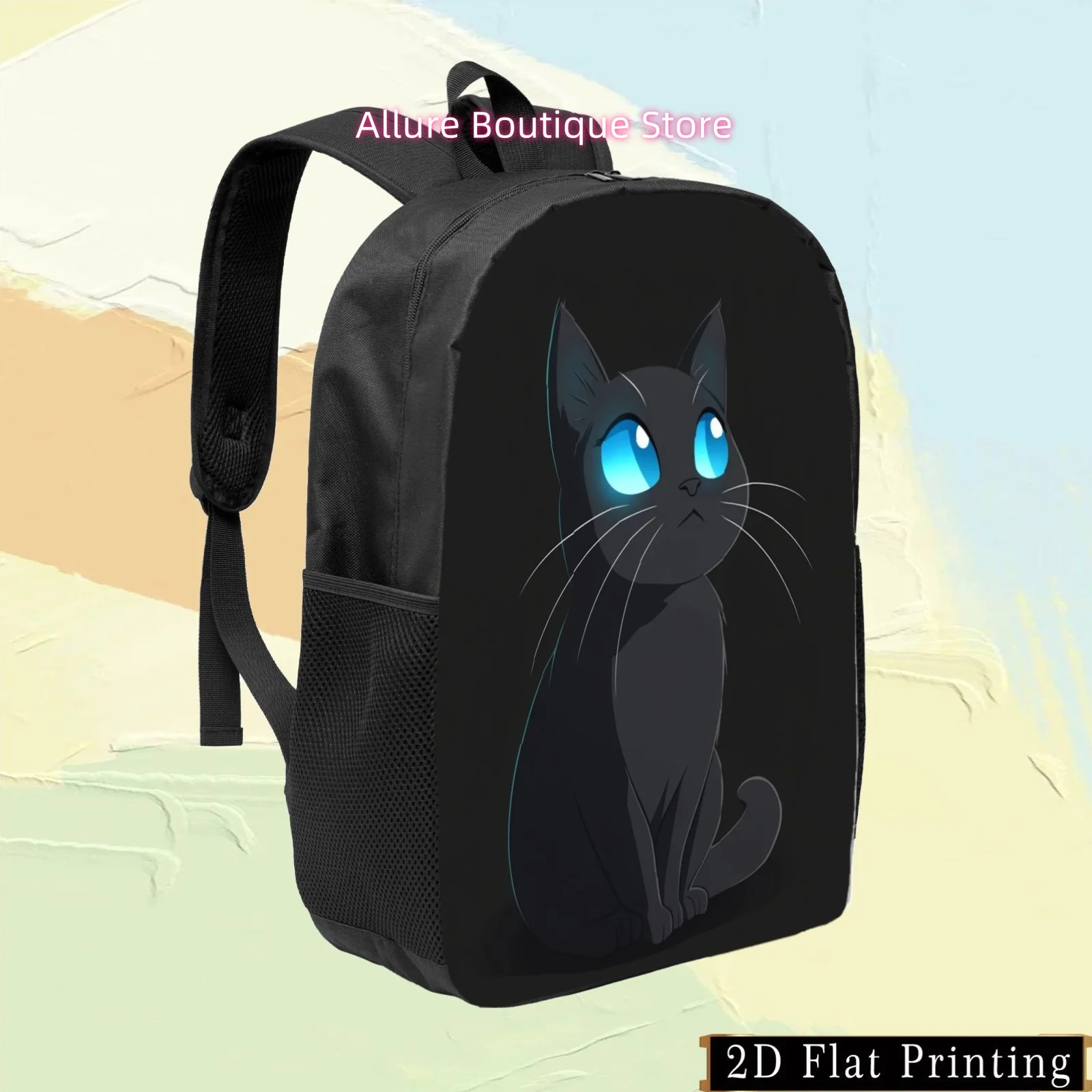 1pc Colorful Single-Sided Print Student Backpack Cartoon Black Cat Print Hand Wash Laundry Tote Bag, Blue Eye Trendy Fashion Sho