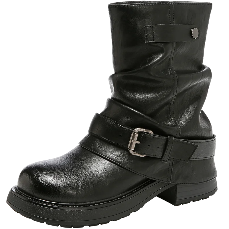 

Модные трендовые роскошные женские ботинки, женские ботинки до середины икры без шнуровки, байкерские ботинки в стиле ретро, модная женская обувь на блочном каблуке из искусственной кожи