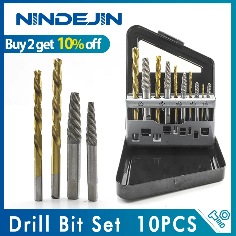 

NINDEJIN 10pcs Broken Screw Extractor Drill Bit Set Rust Damaged Bolt Screw Remover High Speed Steel Center Drill Easy Out Tool