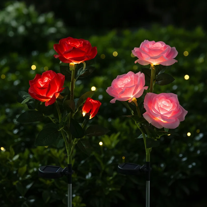 3Heads Solar Rose Flower LED Lamps Outdoor Waterproof Garden Yard Path Decoration