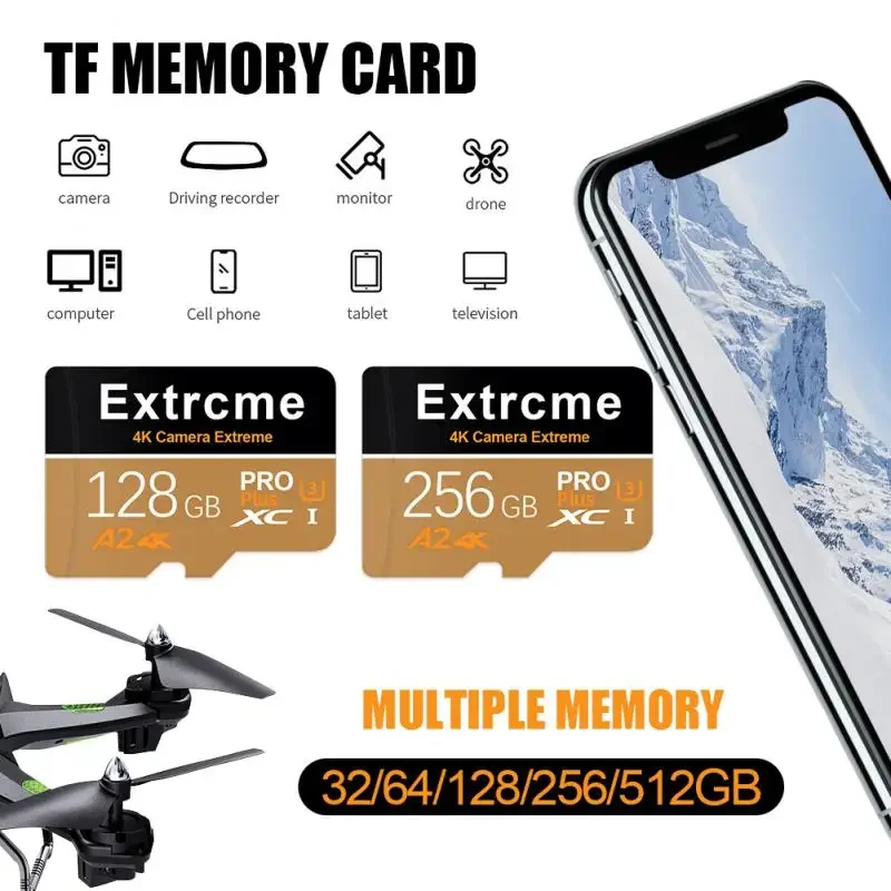 Cartão de memória SD de alta velocidade para câmera do telefone, Classe 10 TF Card, 4K Ultra-HD Vídeo A2 SD Card, Cartão de memória Flash, 512GB, 128GB, 64GB