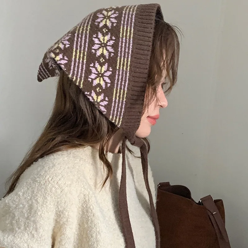 

Жаккардовое вязаное треугольное полотенце в японском этническом стиле в стиле ретро, осенне-зимняя модная теплая защита для ушей, женская повязка на голову на шнуровке