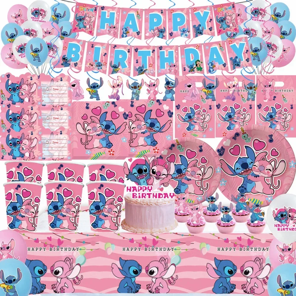 Stitch Party Supplies Paper Napkins Tablecloth Plate Balloon Pink Angel Theme Baby Shower Girls Birthday Party Decoration