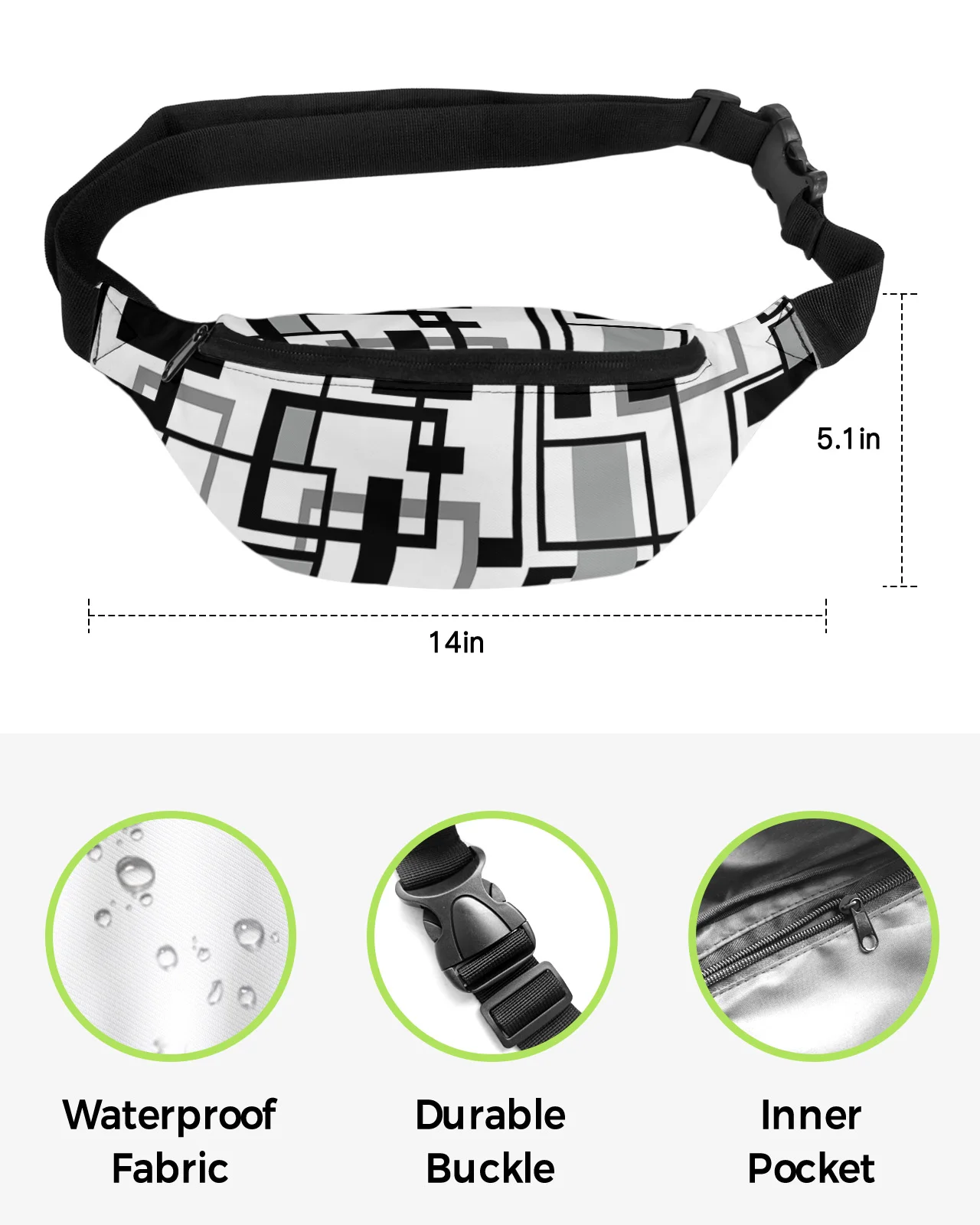 Geometric Black White Gray Men Women Waist Bag Fanny Pack Purse Large Phone Belt Bag Wallet Pouch Waterproof Banana Hip Bags