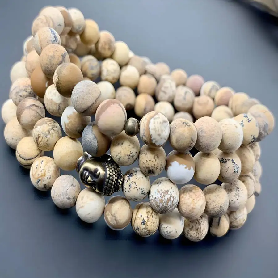 

8mm Natural Gemstone Picture Stone 108 Beads Mala Bracelet Buddhist Buddha Women Spiritual Prayer Chakra Bohemian Meditation