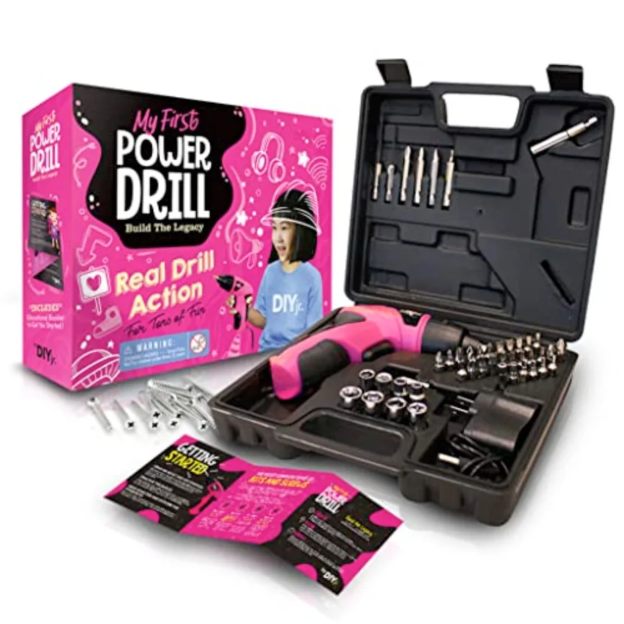 

. My First Power Drill - 60-Piece Working Tool Set for Girls - Rechargeable Cordless Pink Drill with LED Light - Learning, Buil