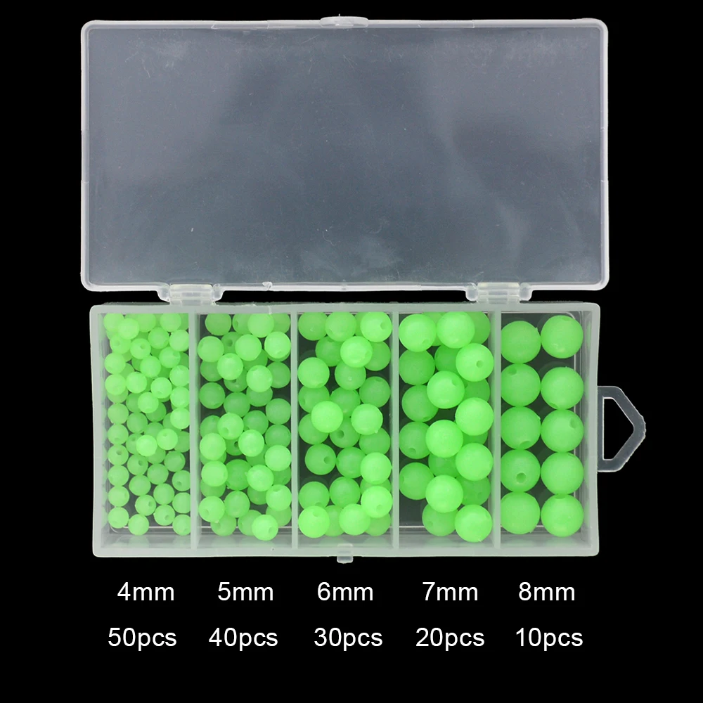 Luminous Fishing Beads 150pcs Assorted Soft Rubber Glow Fluorescent Green Fishing Beads Diameter 4mm 5mm 6mm 7mm 8mm