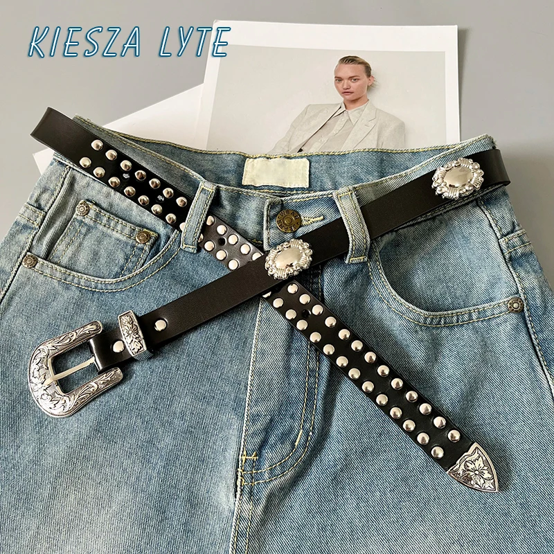 

Y2K Fashion Punk Rivet Decoration Leather Cowskin Belt famous brand belt women luxury belt 2024